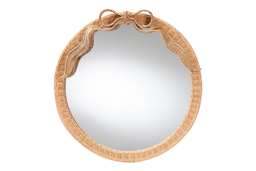 bali & pari Creusa Natural Rattan Round Wall Mirror -Handwoven Wicker Frame with Decorative Bow Accent, Coastal Boho Wall Decor for Entryway, Bedroom, or Living Room