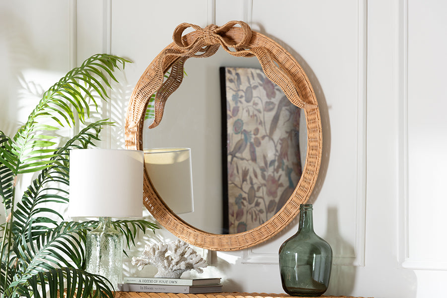 bali & pari Creusa Natural Rattan Round Wall Mirror -Handwoven Wicker Frame with Decorative Bow Accent, Coastal Boho Wall Decor for Entryway, Bedroom, or Living Room