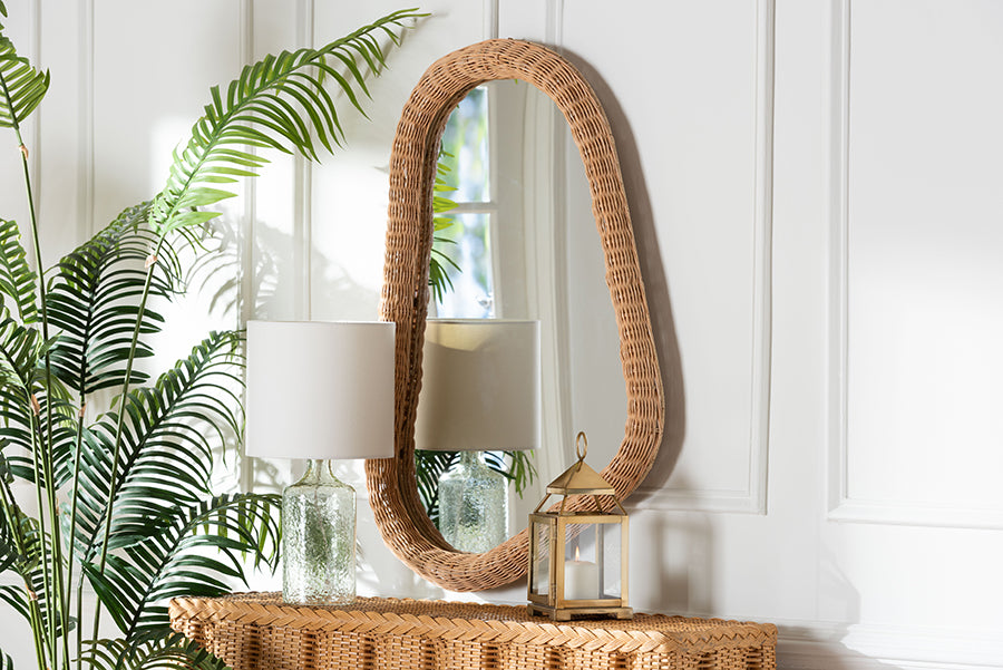bali & pari Ulrica Natural Rattan Wall Mirror - Handwoven Wicker Irregular Shape Accent Mirror for Living Room, Bedroom, or Entryway