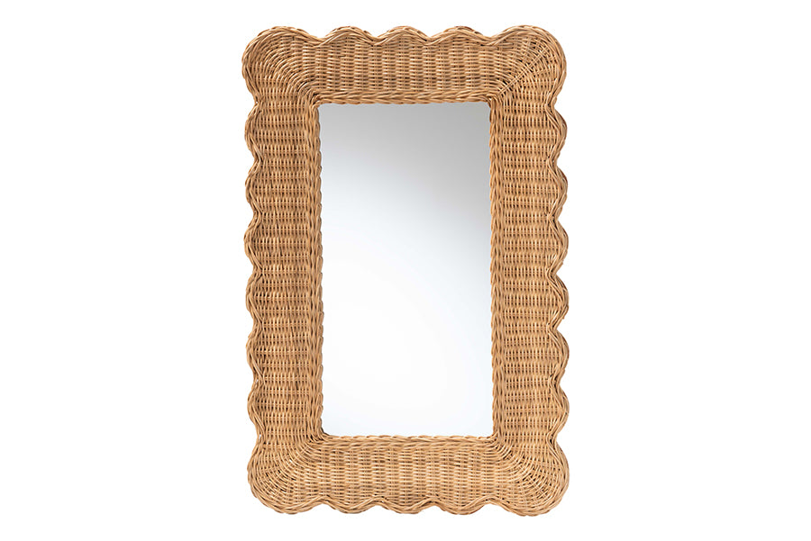 bali & pari Makoto Scalloped Natural Rattan Wall Mirror - Handwoven Wicker Rectangle Frame, Boho Coastal Accent Wall Decor for Entryway, Bedroom, or Living Room