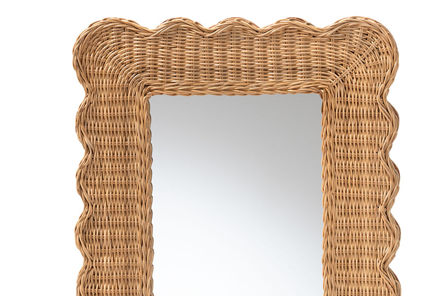 bali & pari Makoto Scalloped Natural Rattan Wall Mirror - Handwoven Wicker Rectangle Frame, Boho Coastal Accent Wall Decor for Entryway, Bedroom, or Living Room