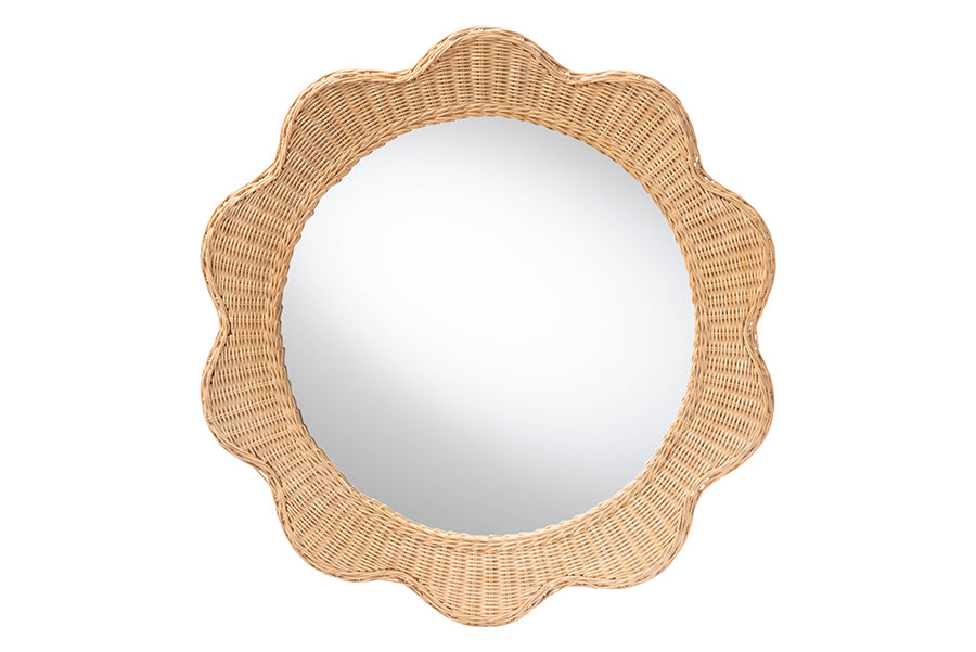 bali & pari Makoto Scalloped Natural Rattan Wall Mirror - Handwoven Wicker Round Frame, Boho Coastal Accent Wall Decor for Entryway, Bedroom, or Living Room