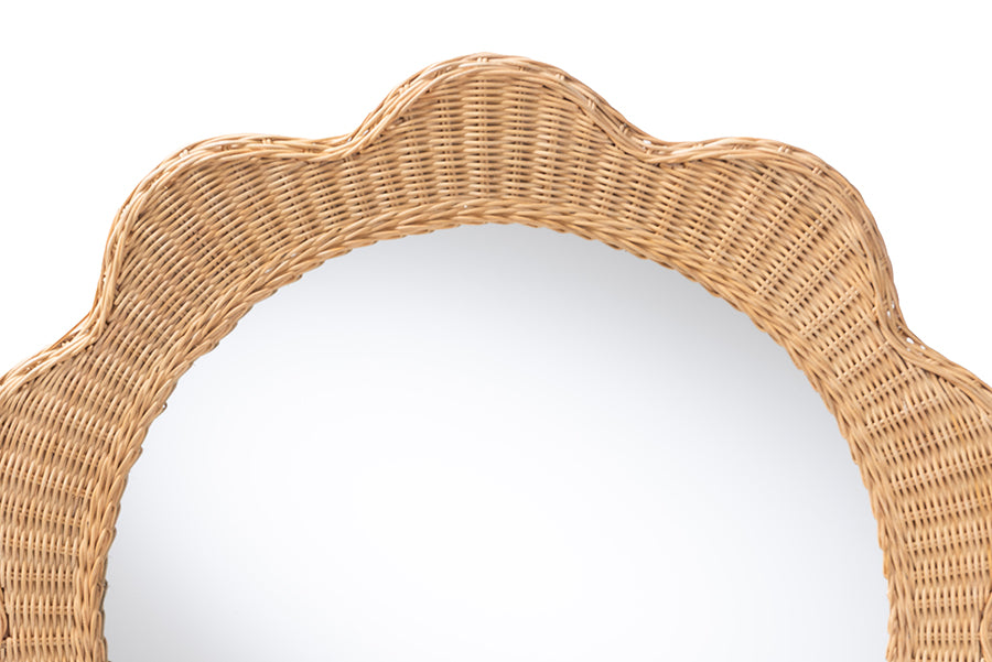 bali & pari Makoto Scalloped Natural Rattan Wall Mirror - Handwoven Wicker Round Frame, Boho Coastal Accent Wall Decor for Entryway, Bedroom, or Living Room