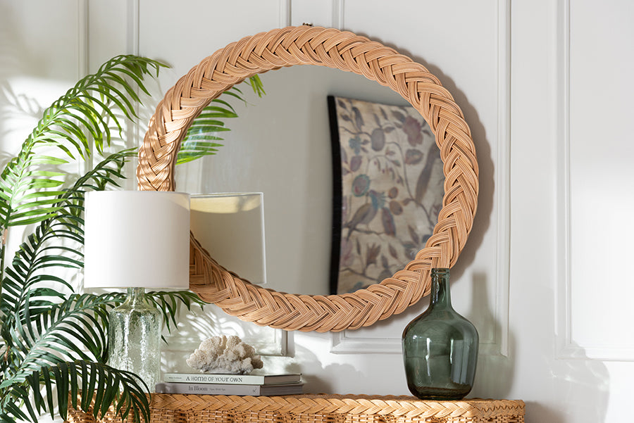bali & pari Nara Natural Rattan Wall Mirror - Handwoven Braided Wicker Frame, Coastal Boho Wall Decor for Entryway, Bedroom, or Living Room, Oval