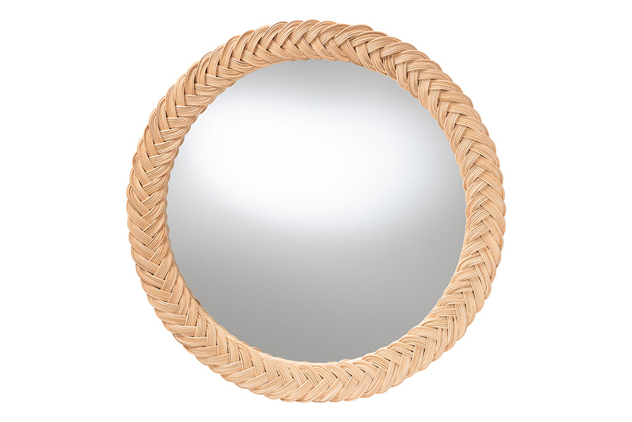 bali & pari Nara Natural Rattan Wall Mirror - Handwoven Braided Wicker Frame, Coastal Boho Wall Decor for Entryway, Bedroom, or Living Room, Round