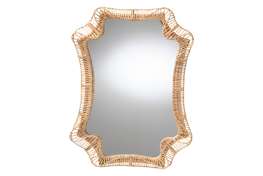 bali & pari Yusra Natural Rattan Wall Mirror - Handwoven Wicker Frame with Freeform Silhouette, Coastal Boho Wall Decor for Entryway Bedroom or Living Room