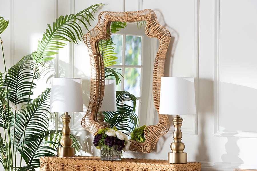 bali & pari Yusra Natural Rattan Wall Mirror - Handwoven Wicker Frame with Freeform Silhouette, Coastal Boho Wall Decor for Entryway Bedroom or Living Room