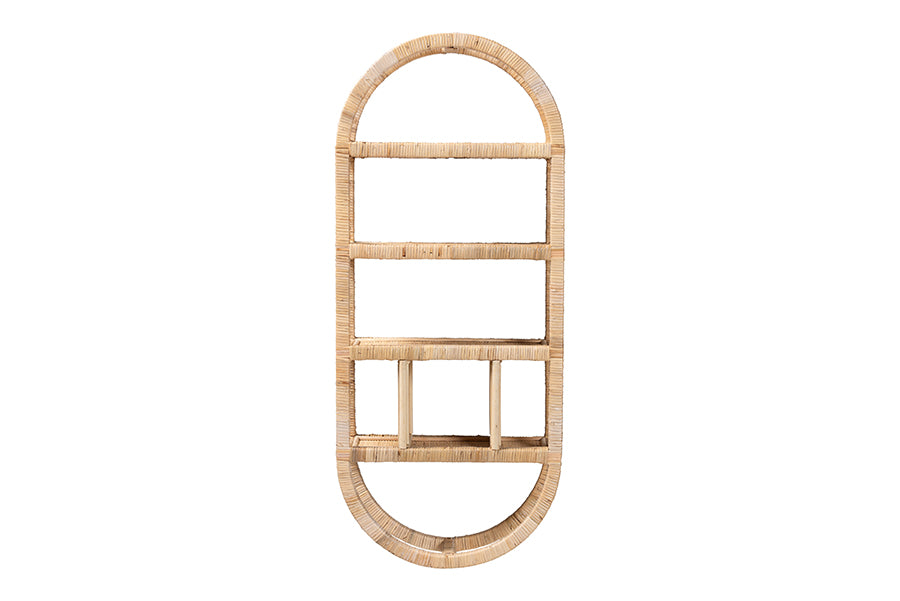 bali & pari Labonita Natural Rattan Wall Shelf - 3-Tier Wall-Mounted Display Unit with Arching Frame for Entryway, Living Room, or Bathroom