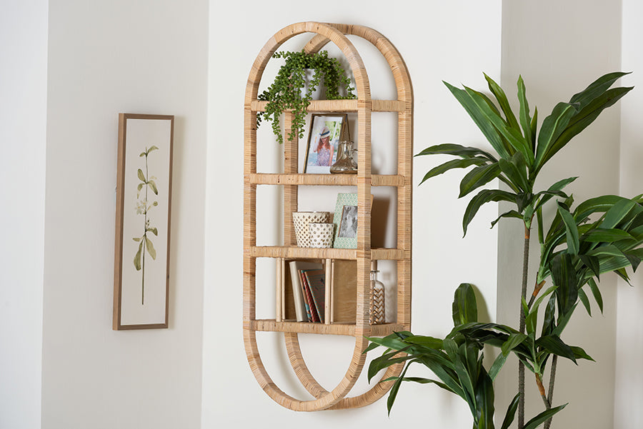 bali & pari Labonita Natural Rattan Wall Shelf - 3-Tier Wall-Mounted Display Unit with Arching Frame for Entryway, Living Room, or Bathroom