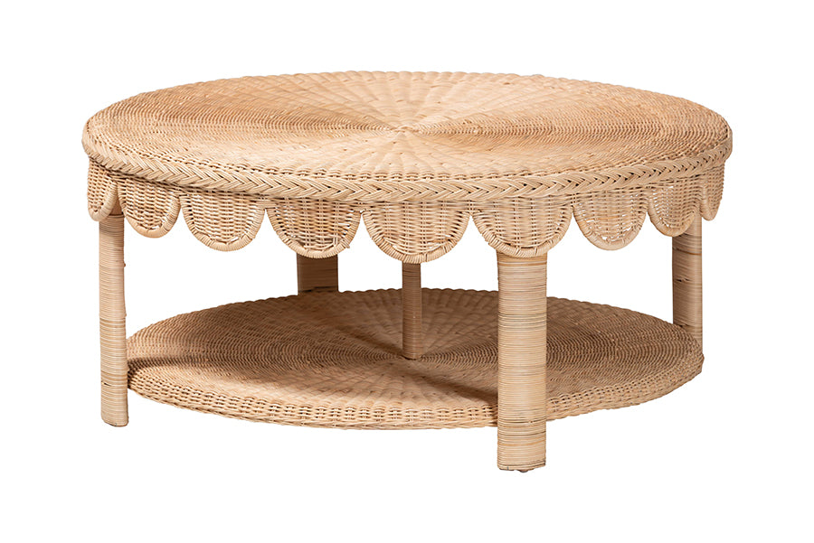 bali & pari Latoya Natural Rattan Coffee Table - Handwoven Round Wicker Table with Scalloped Apron and Lower Shelf, Coastal Boho Living Room Accent Furniture