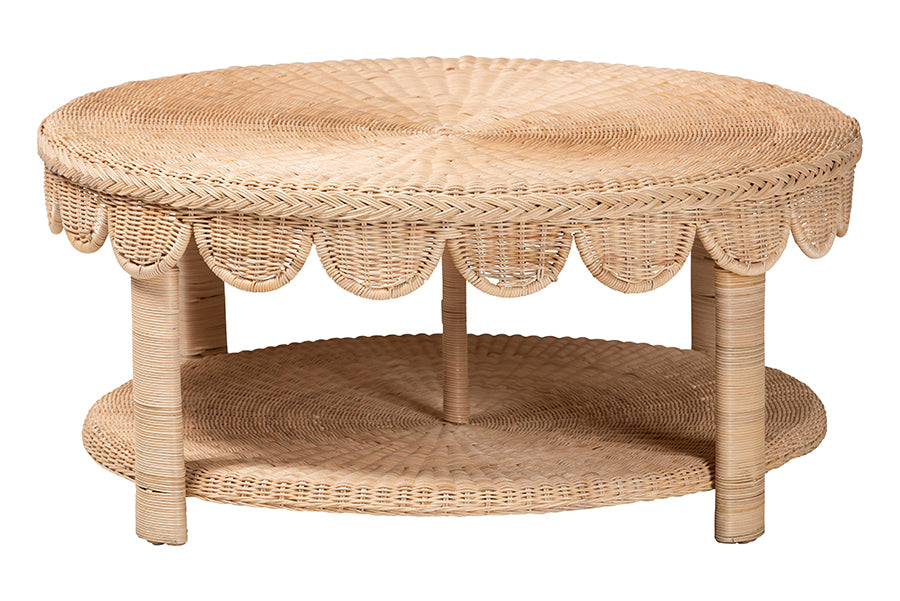 bali & pari Latoya Natural Rattan Coffee Table - Handwoven Round Wicker Table with Scalloped Apron and Lower Shelf, Coastal Boho Living Room Accent Furniture