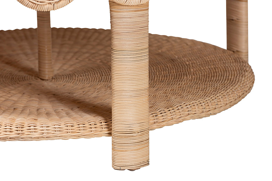 bali & pari Latoya Natural Rattan Coffee Table - Handwoven Round Wicker Table with Scalloped Apron and Lower Shelf, Coastal Boho Living Room Accent Furniture