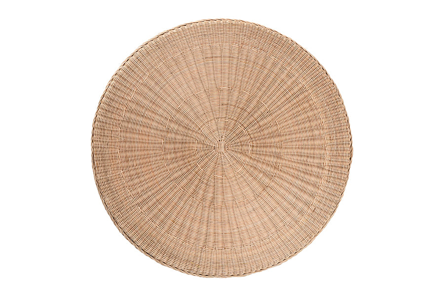 bali & pari Latoya Natural Rattan Coffee Table - Handwoven Round Wicker Table with Scalloped Apron and Lower Shelf, Coastal Boho Living Room Accent Furniture