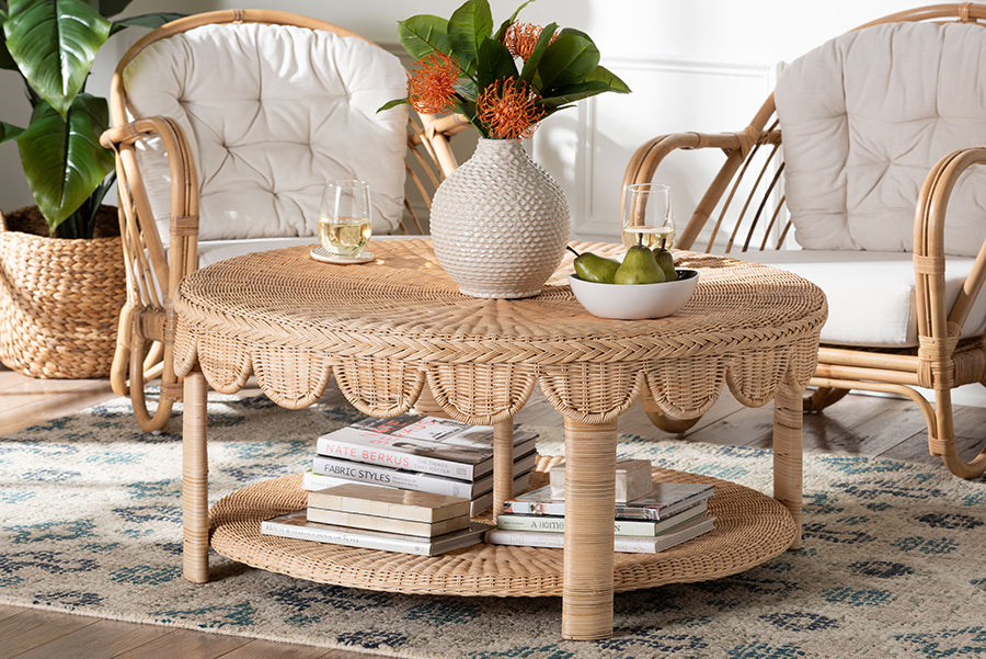 bali & pari Latoya Natural Rattan Coffee Table - Handwoven Round Wicker Table with Scalloped Apron and Lower Shelf, Coastal Boho Living Room Accent Furniture