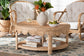 bali & pari Latoya Natural Rattan Coffee Table - Handwoven Round Wicker Table with Scalloped Apron and Lower Shelf, Coastal Boho Living Room Accent Furniture