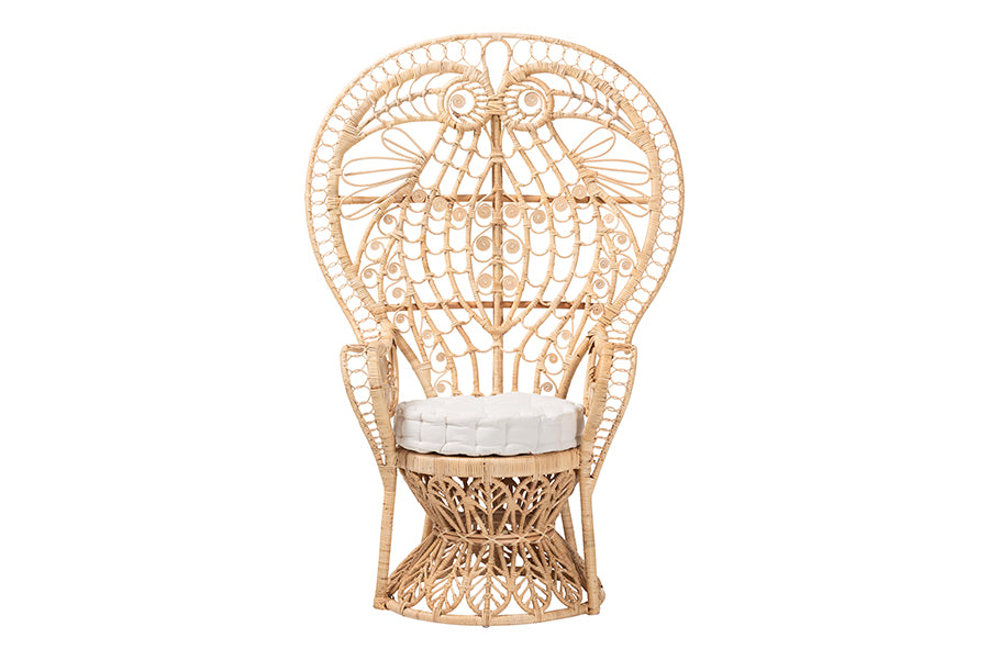 bali & pari Kimiko Natural Rattan Peacock Chair with Cushion - Handwoven Wicker Accent Chair with Fan Backrest, Boho Coastal Statement Seating for Living Room or Event