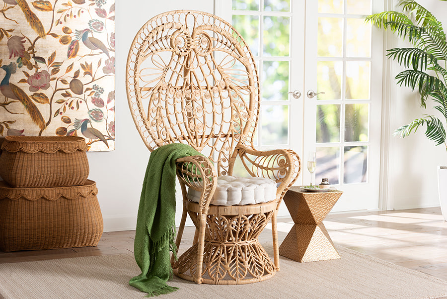 bali & pari Kimiko Natural Rattan Peacock Chair with Cushion - Handwoven Wicker Accent Chair with Fan Backrest, Boho Coastal Statement Seating for Living Room or Event