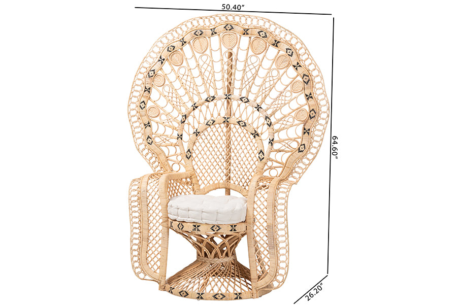 bali & pari Nafisa Natural Rattan Peacock Chair - Handwoven Wicker Accent Chair with Fan Backrest and Removable Cushion, Boho Coastal Accent Seating for Living Room or Events