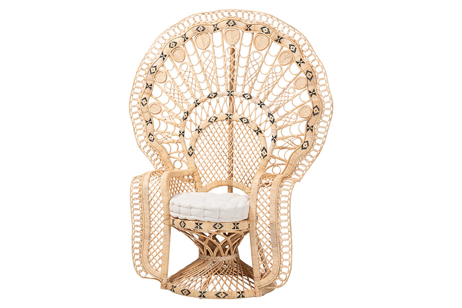 bali & pari Nafisa Natural Rattan Peacock Chair - Handwoven Wicker Accent Chair with Fan Backrest and Removable Cushion, Boho Coastal Accent Seating for Living Room or Events