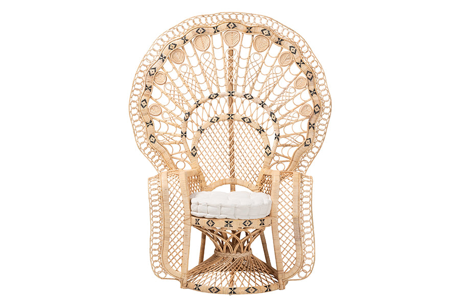 bali & pari Nafisa Natural Rattan Peacock Chair - Handwoven Wicker Accent Chair with Fan Backrest and Removable Cushion, Boho Coastal Accent Seating for Living Room or Events