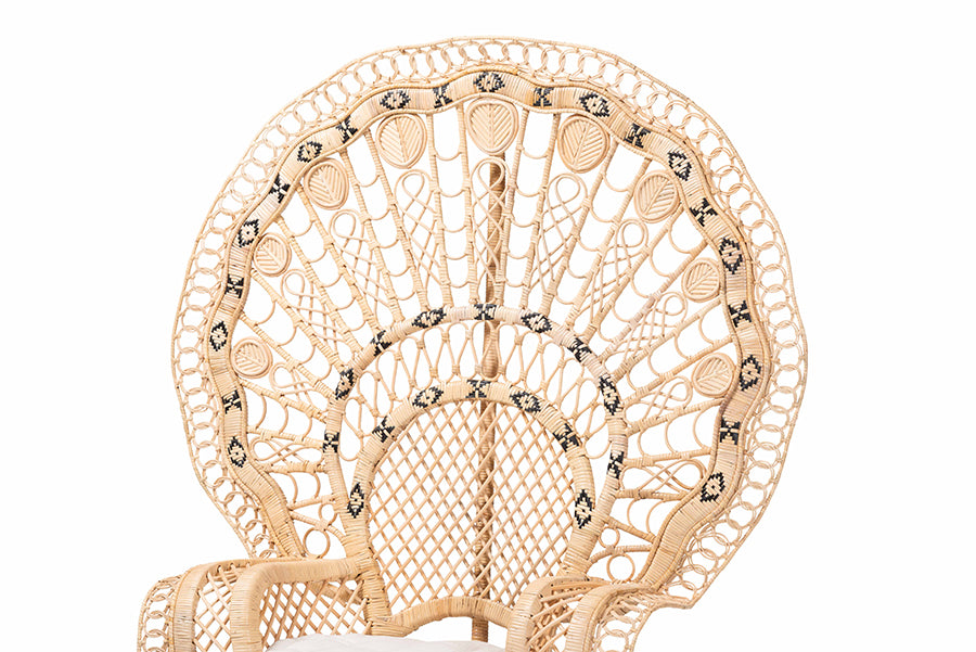 bali & pari Nafisa Natural Rattan Peacock Chair - Handwoven Wicker Accent Chair with Fan Backrest and Removable Cushion, Boho Coastal Accent Seating for Living Room or Events