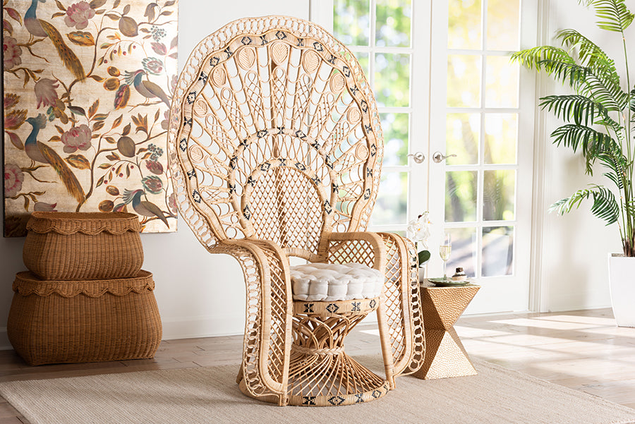 bali & pari Nafisa Natural Rattan Peacock Chair - Handwoven Wicker Accent Chair with Fan Backrest and Removable Cushion, Boho Coastal Accent Seating for Living Room or Events