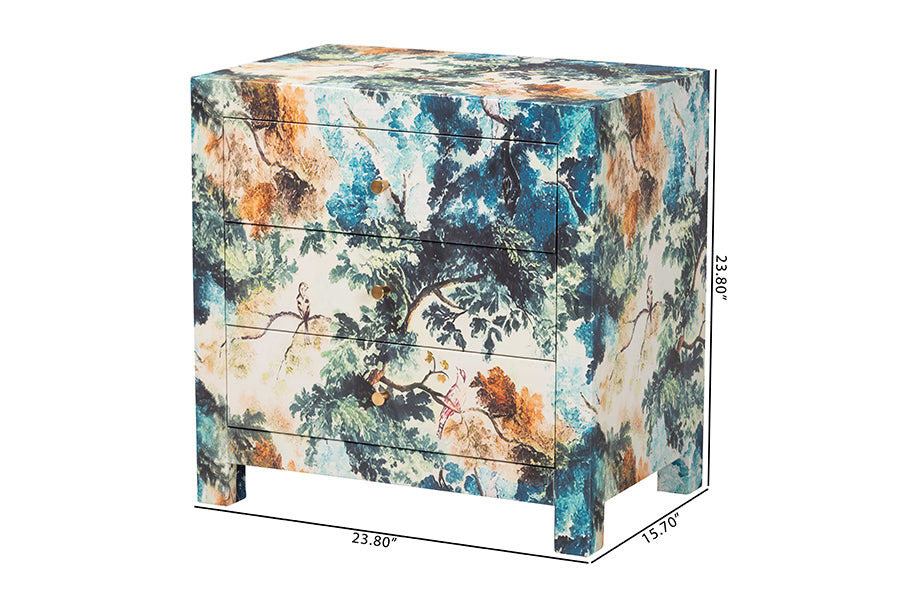 Baxton Studio Adeline End Table with Printed Nature Motif - 3-Drawer Storage Cabinet with Gold Knobs
