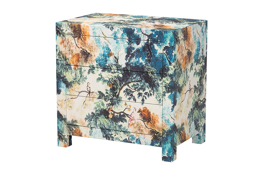 Baxton Studio Adeline End Table with Printed Nature Motif - 3-Drawer Storage Cabinet with Gold Knobs