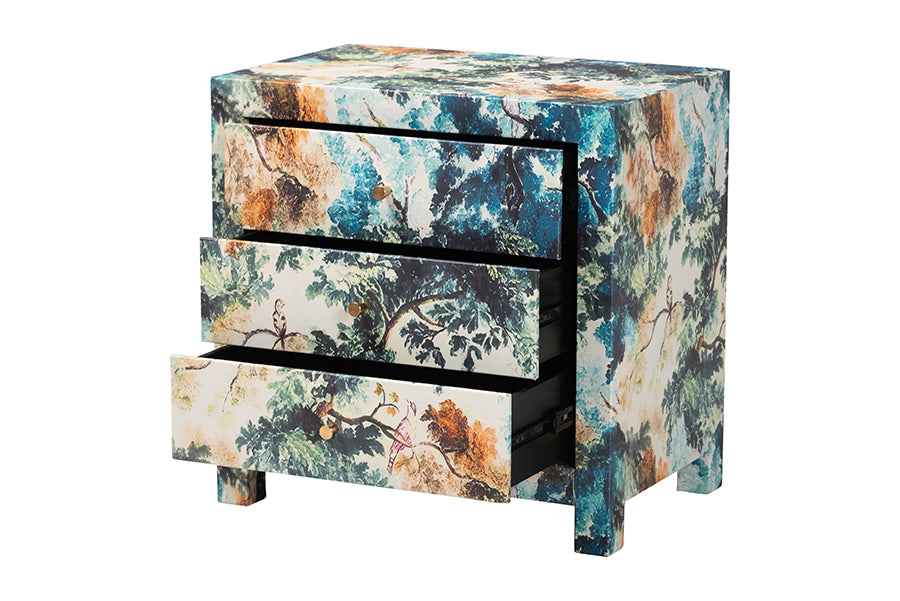 Baxton Studio Adeline End Table with Printed Nature Motif - 3-Drawer Storage Cabinet with Gold Knobs