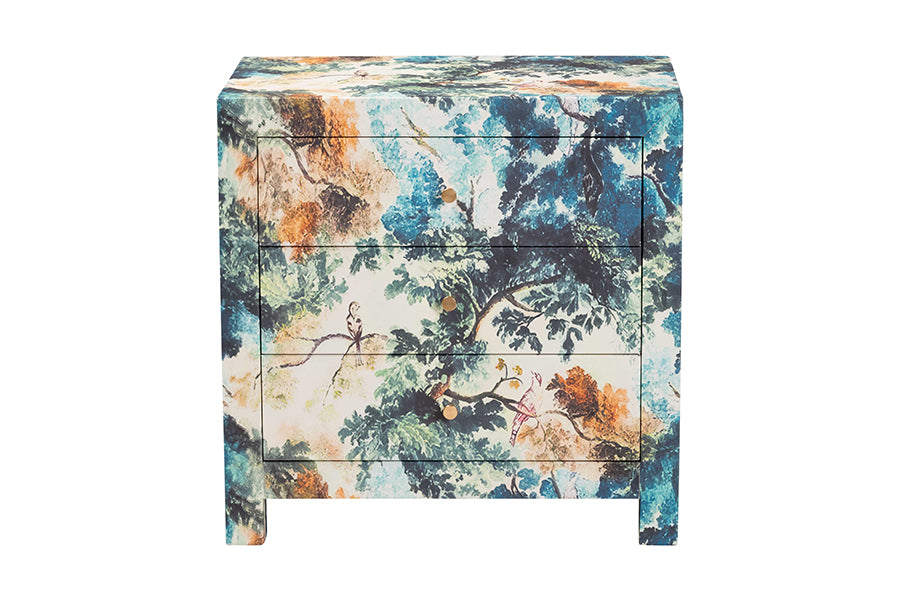 Baxton Studio Adeline End Table with Printed Nature Motif - 3-Drawer Storage Cabinet with Gold Knobs