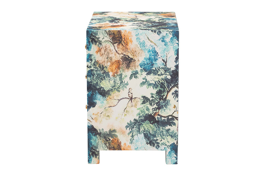 Baxton Studio Adeline End Table with Printed Nature Motif - 3-Drawer Storage Cabinet with Gold Knobs