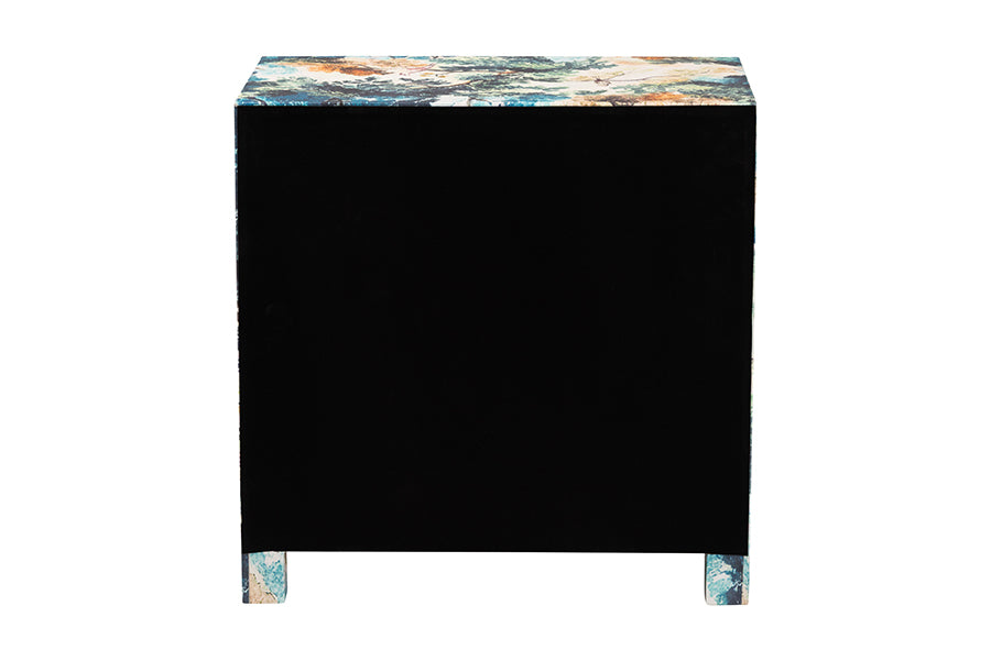 Baxton Studio Adeline End Table with Printed Nature Motif - 3-Drawer Storage Cabinet with Gold Knobs