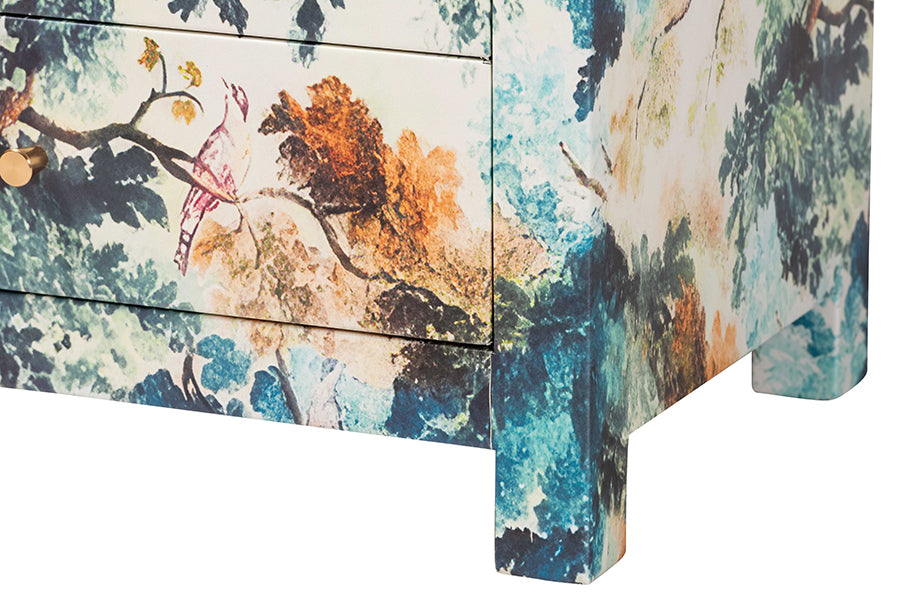 Baxton Studio Adeline End Table with Printed Nature Motif - 3-Drawer Storage Cabinet with Gold Knobs