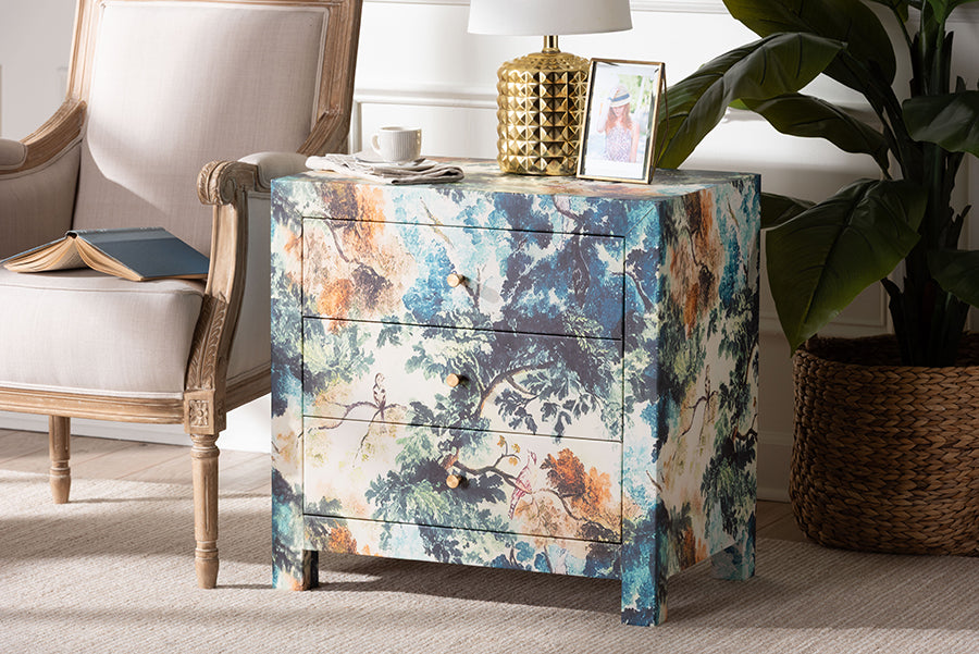 Baxton Studio Adeline End Table with Printed Nature Motif - 3-Drawer Storage Cabinet with Gold Knobs