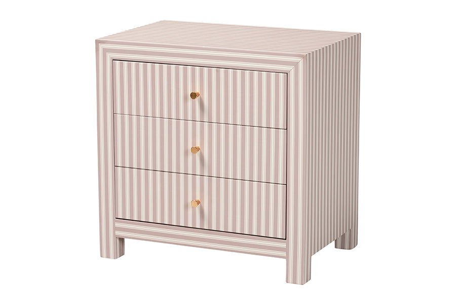 Baxton Studio Javianne End Table with Striped Faux Leather - 3-Drawer Storage Cabinet with Gold Knobs