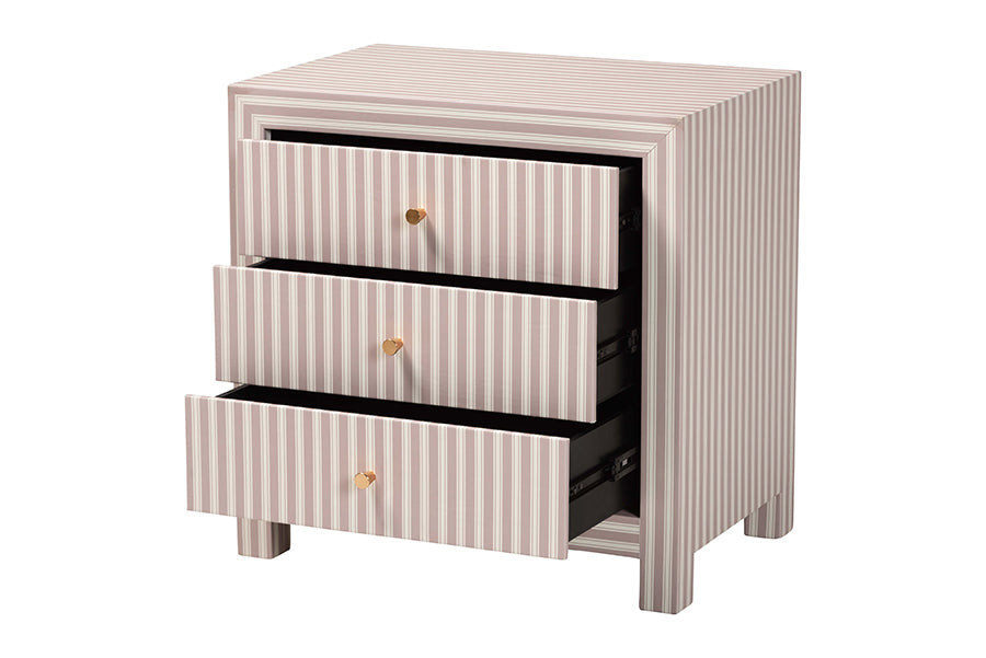 Baxton Studio Javianne End Table with Striped Faux Leather - 3-Drawer Storage Cabinet with Gold Knobs