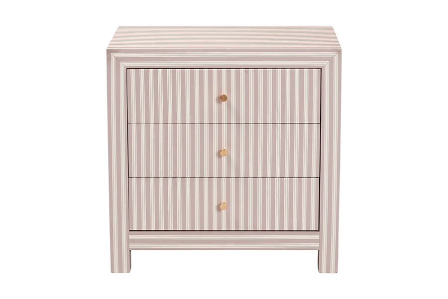 Baxton Studio Javianne End Table with Striped Faux Leather - 3-Drawer Storage Cabinet with Gold Knobs