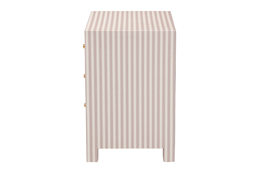 Baxton Studio Javianne End Table with Striped Faux Leather - 3-Drawer Storage Cabinet with Gold Knobs