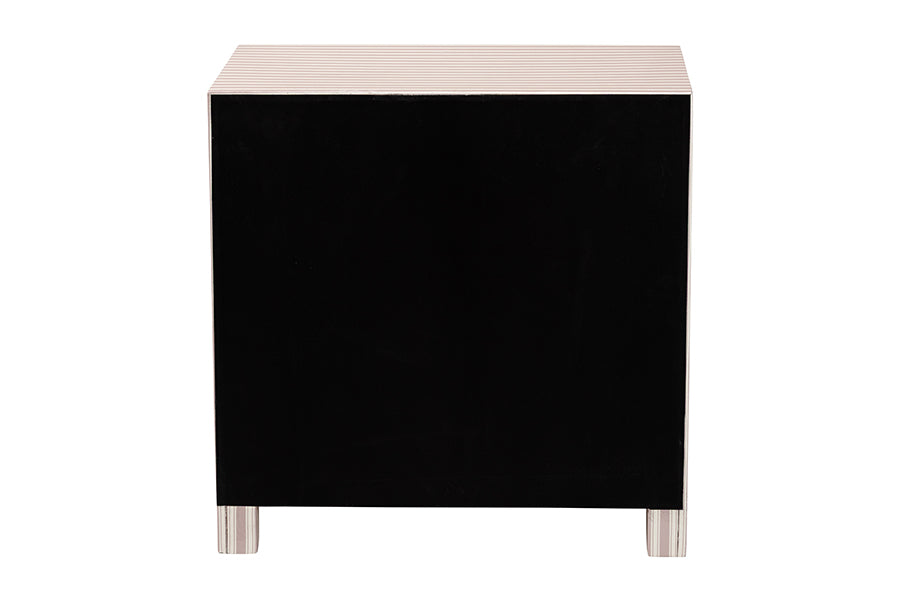 Baxton Studio Javianne End Table with Striped Faux Leather - 3-Drawer Storage Cabinet with Gold Knobs