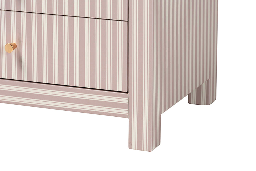 Baxton Studio Javianne End Table with Striped Faux Leather - 3-Drawer Storage Cabinet with Gold Knobs