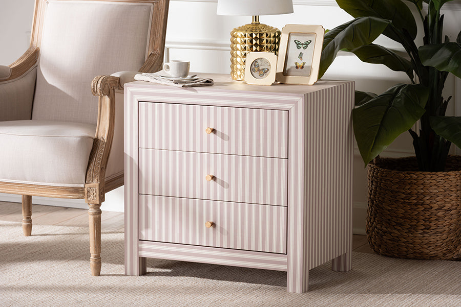 Baxton Studio Javianne End Table with Striped Faux Leather - 3-Drawer Storage Cabinet with Gold Knobs
