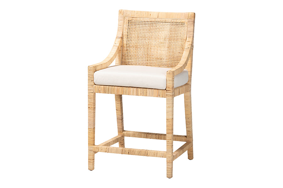 bali & pari Alexis Natural Rattan Counter Stool - Handcrafted Wingback Counter Chair with Woven Back and Removable Seat Cushion, Coastal Boho Style Seating for Kitchen Island or Dining Area