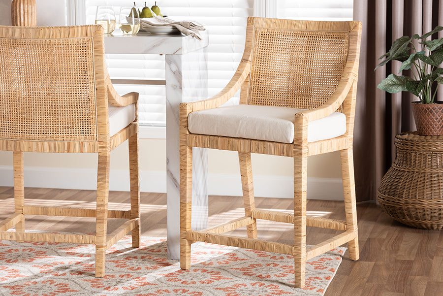bali & pari Alexis Natural Rattan Counter Stool - Handcrafted Wingback Counter Chair with Woven Back and Removable Seat Cushion, Coastal Boho Style Seating for Kitchen Island or Dining Area