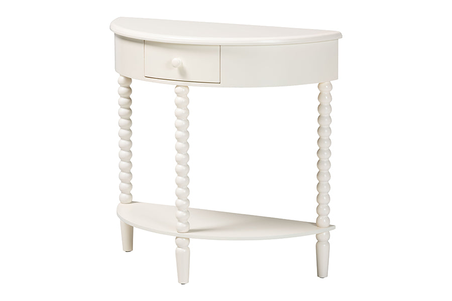 Baxton Studio Raynera Bobbin-Leg Demilune Console Table - Half-Moon Accent Table with 1 Drawer and Open Shelf, Cottage Farmhouse Entryway or Living Room Furniture
