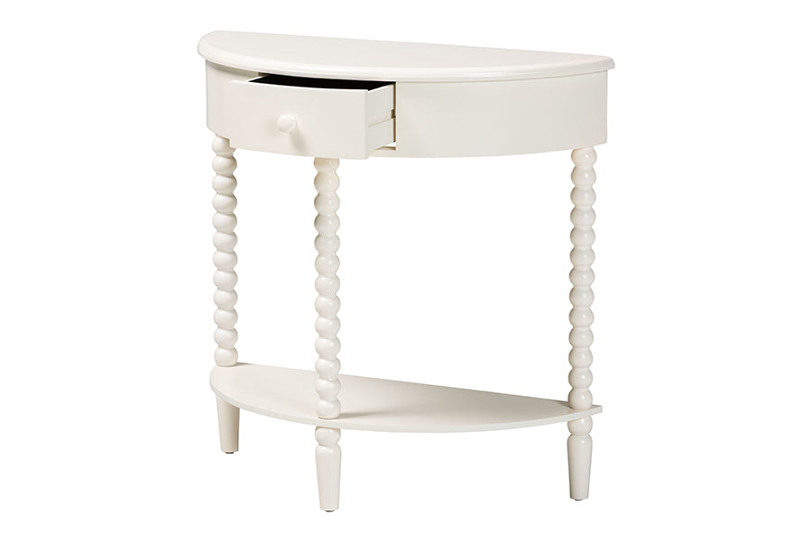 Baxton Studio Raynera Bobbin-Leg Demilune Console Table - Half-Moon Accent Table with 1 Drawer and Open Shelf, Cottage Farmhouse Entryway or Living Room Furniture