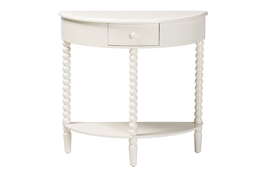 Baxton Studio Raynera Bobbin-Leg Demilune Console Table - Half-Moon Accent Table with 1 Drawer and Open Shelf, Cottage Farmhouse Entryway or Living Room Furniture