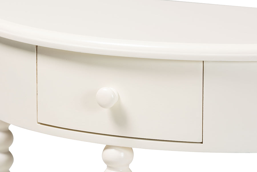 Baxton Studio Raynera Bobbin-Leg Demilune Console Table - Half-Moon Accent Table with 1 Drawer and Open Shelf, Cottage Farmhouse Entryway or Living Room Furniture