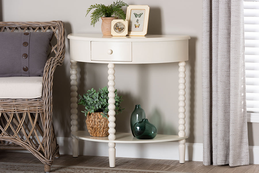 Baxton Studio Raynera Bobbin-Leg Demilune Console Table - Half-Moon Accent Table with 1 Drawer and Open Shelf, Cottage Farmhouse Entryway or Living Room Furniture