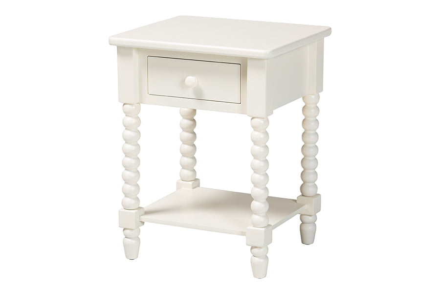 Baxton Studio Raynera End Table with Bobbin Legs - 1-Drawer Accent Table with Spindle Turned Legs and Open Shelf, Cottage Farmhouse Style Side Table for Living Room