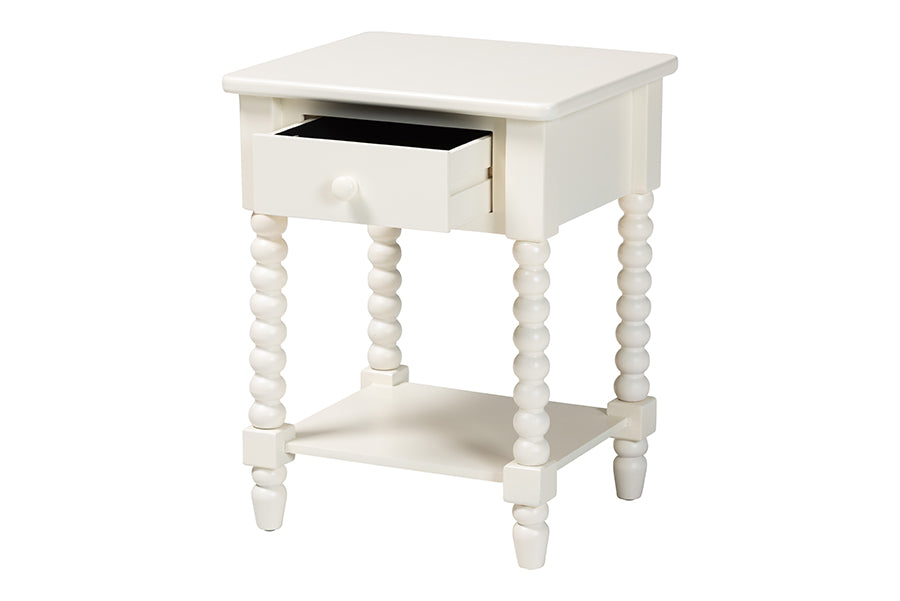 Baxton Studio Raynera End Table with Bobbin Legs - 1-Drawer Accent Table with Spindle Turned Legs and Open Shelf, Cottage Farmhouse Style Side Table for Living Room